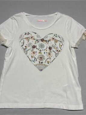 Billieblush White Short Sleeve Tee with Embellished Heart